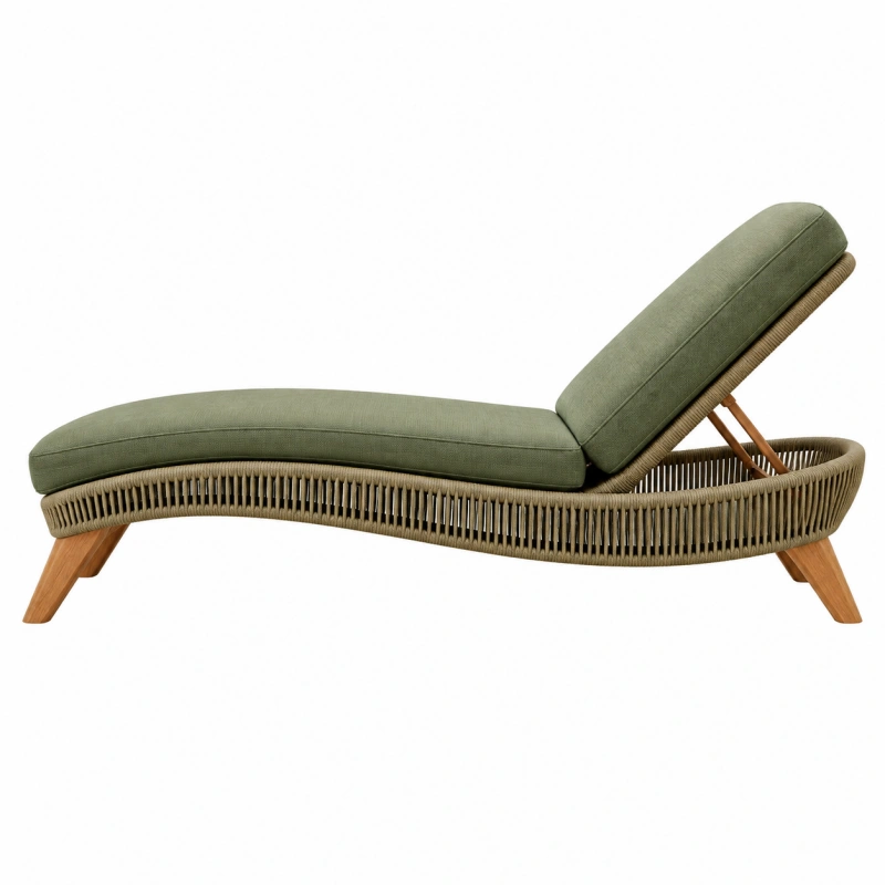 Lettino prendisole 200 x 75 cm in legno e corda verde oliva per esterno con schienale reclinabile