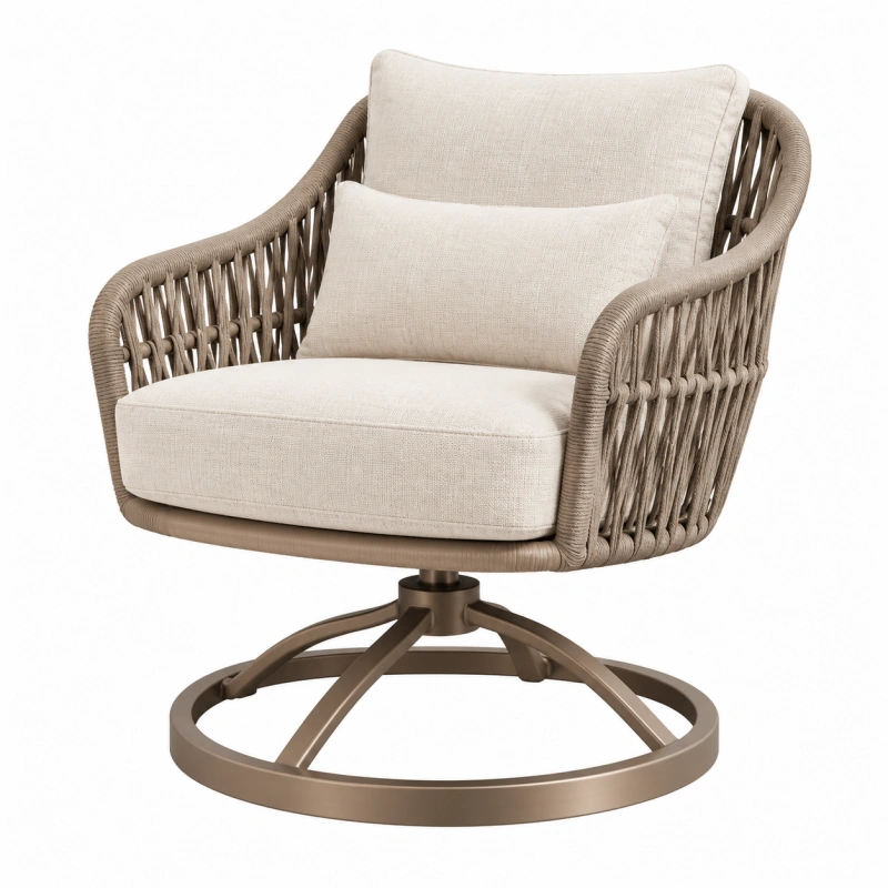 Poltrona girevole 85 x 85 x 80 cm in corda beige con base in metallo per esterno