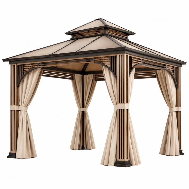 Gazebo da giardino 300 x 300 cm in metallo beige con tende - stile padiglione