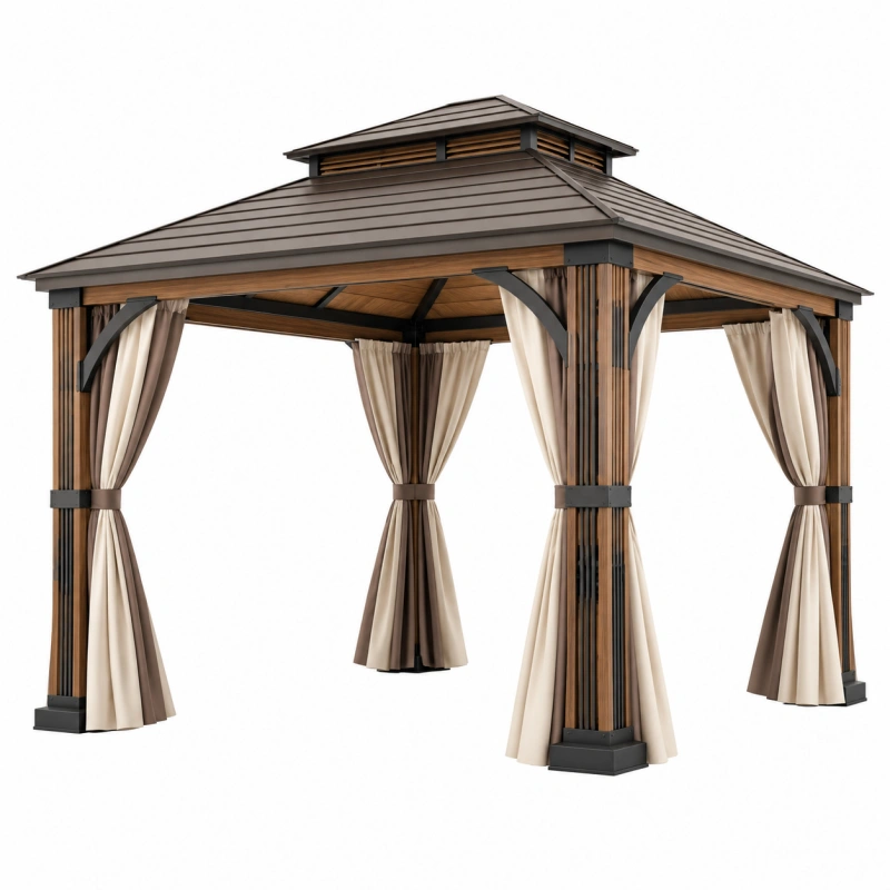 Gazebo 300 x 300 cm in metallo e legno marrone beige con tende da esterno