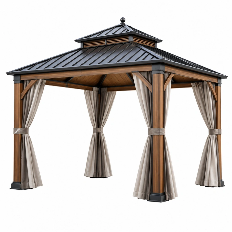 Gazebo da giardino 300 x 300 x 290 cm in metallo effetto legno con tende beige e tetto nero