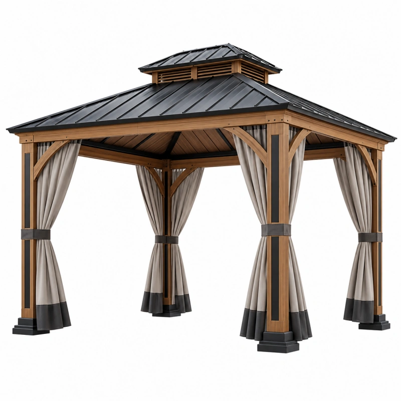 Gazebo da giardino 300 x 300 cm in legno marrone con tetto in metallo e tende grigie