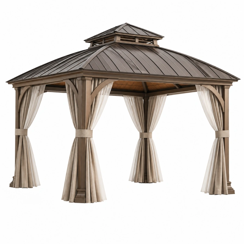 Gazebo da giardino 400 x 400 cm in legno e metallo marrone con tende