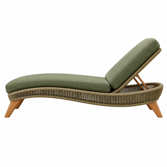 Lettino prendisole 200 x 75 cm in legno e corda verde oliva per esterno con schienale reclinabile