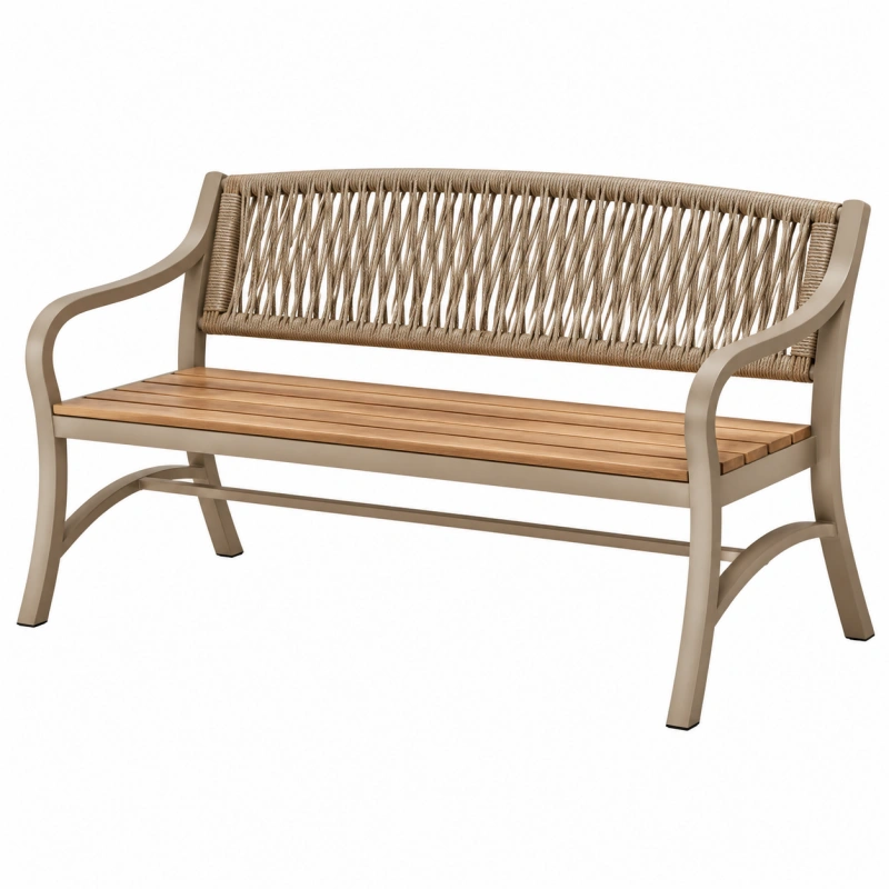 Panca da giardino 125 x 60 x 85 cm in legno e corda beige con schienale intrecciato