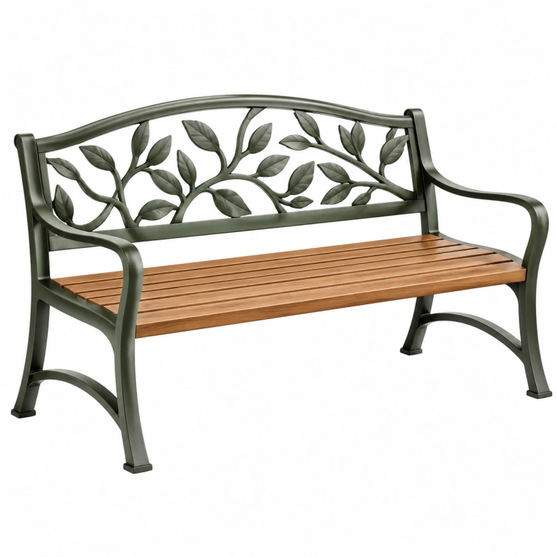 Panchina da giardino 125 cm in metallo e legno marrone verde con schienale a foglie