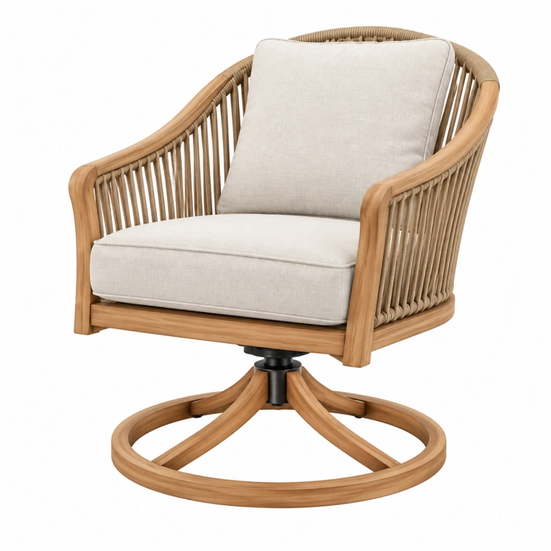 Poltrona girevole 82 x 78 x 86 cm in legno naturale e corda intrecciata con rivestimento beige