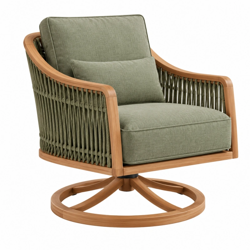 Poltrona girevole 85 x 90 x 92 cm in legno e corda intrecciata verde per soggiorno stile moderno