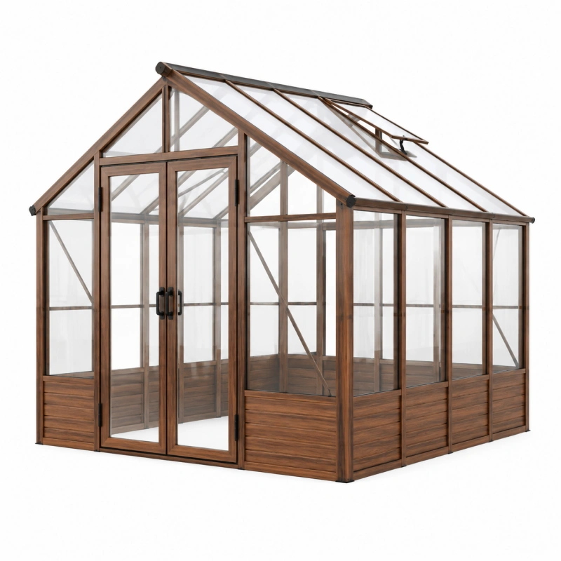 Serra da giardino 240 x 180 x 230 cm in legno marrone con pannelli trasparenti e porta doppia
