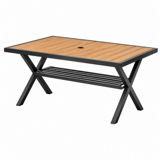 Tavolo da giardino 150 x 90 cm in legno e metallo marrone nero con foro per ombrellone