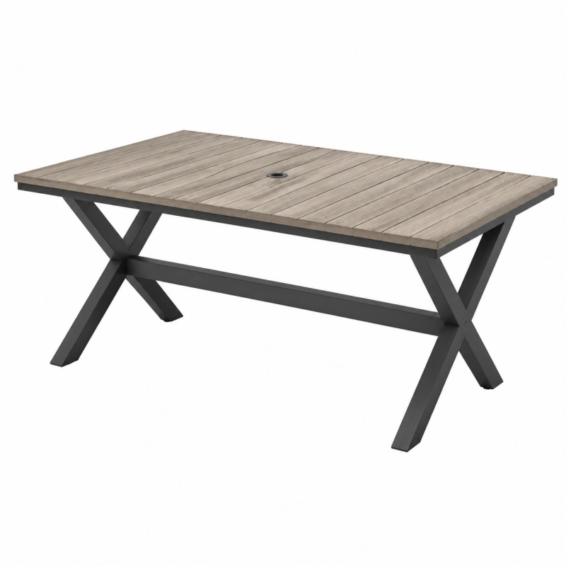Tavolo da giardino 180 x 90 x 75 cm in legno marrone e metallo nero con foro per ombrellone stile industriale