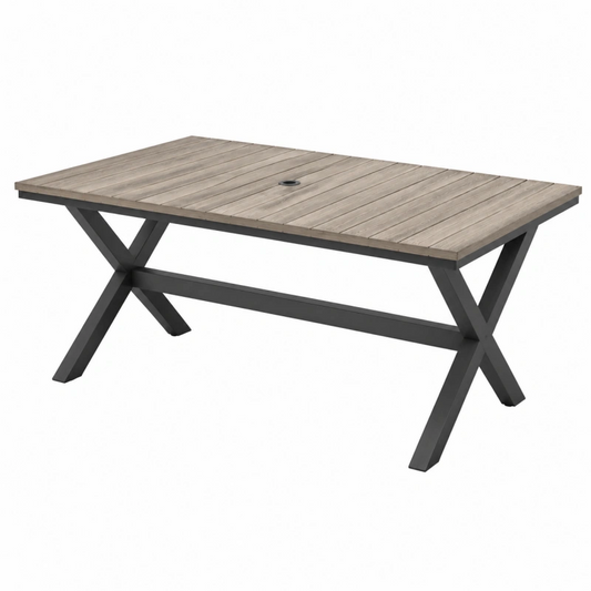 Tavolo da giardino 180 x 90 x 75 cm in legno marrone e metallo nero con foro per ombrellone stile industriale