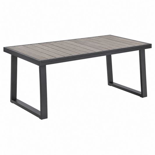 Tavolo da giardino 180 x 90 x 75 cm in metallo nero e piano effetto legno stile moderno