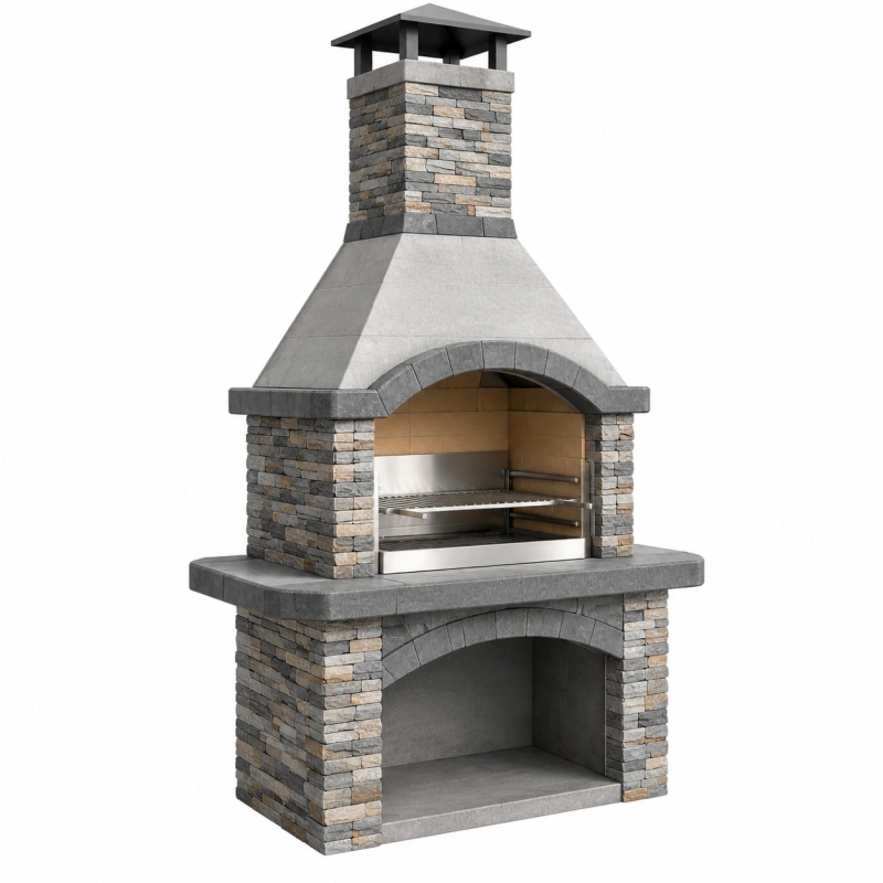 Barbecue da giardino in pietra grigio 120 x 70 x 220 cm - con camino e griglia