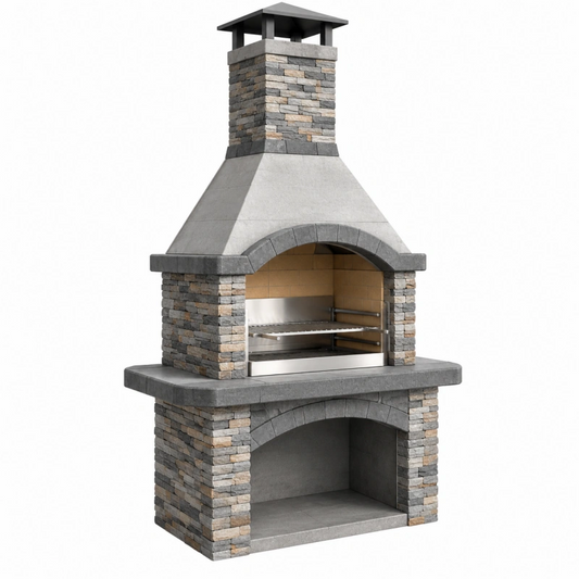 Barbecue da giardino in pietra grigio 120 x 70 x 220 cm - con camino e griglia