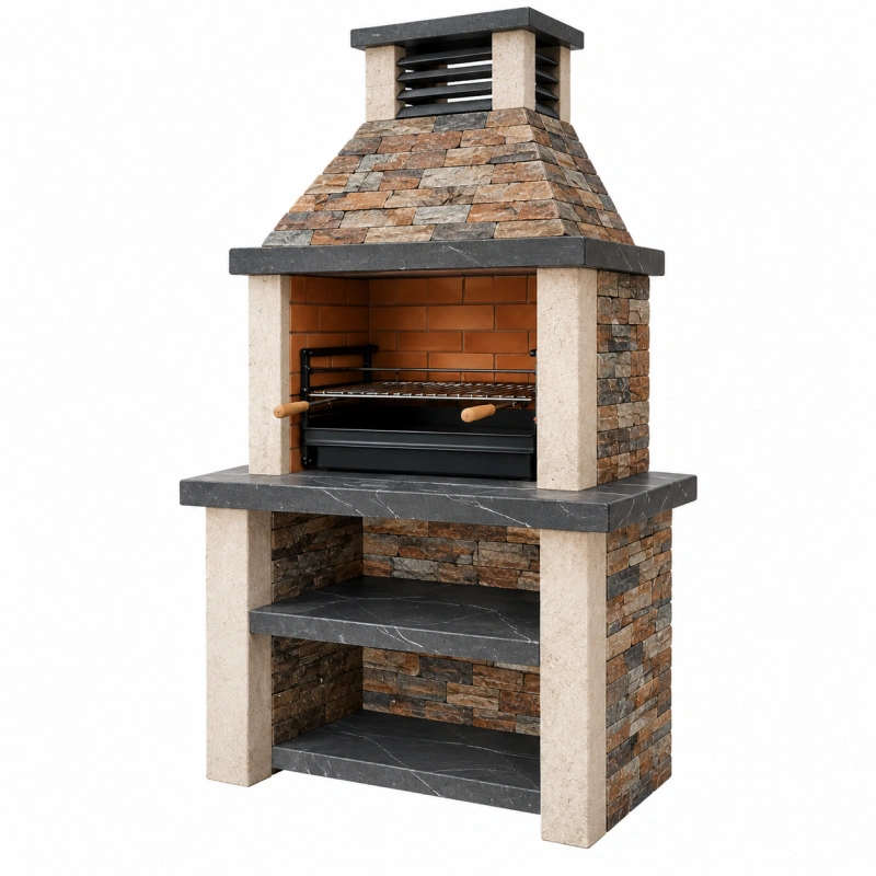 Barbecue in muratura 100 x 70 x 210 cm in pietra marrone per esterno con camino e griglia