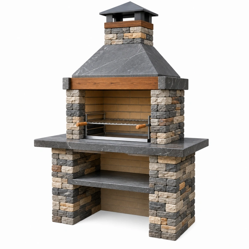 Barbecue da giardino in pietra 120 x 70 x 220 cm grigio marrone con griglia in metallo e cappa