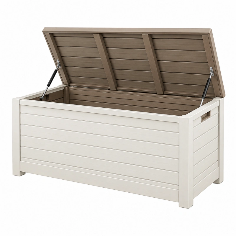 Cassapanca da esterno 128 x 61 x 63 cm in resina bianca e marrone con coperchio sollevabile