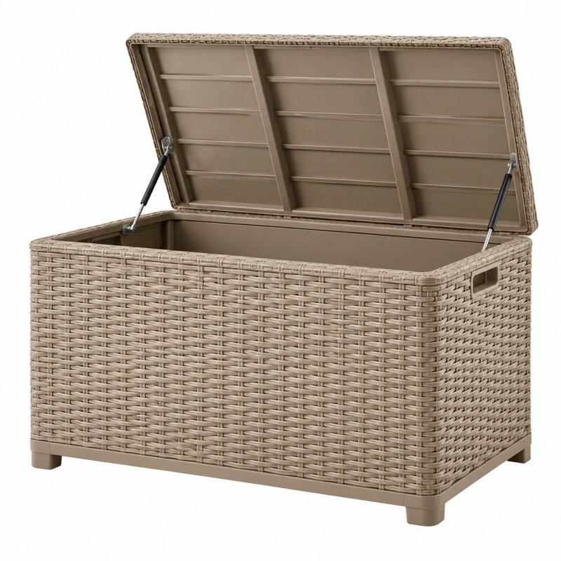Cassapanca da esterno 120 x 55 x 60 cm in rattan sintetico beige con coperchio a sollevamento assistito