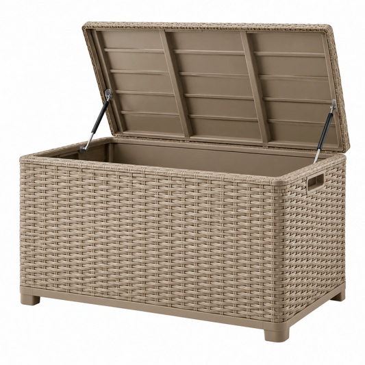 Cassapanca da esterno 120 x 55 x 60 cm in rattan sintetico beige con coperchio a sollevamento assistito