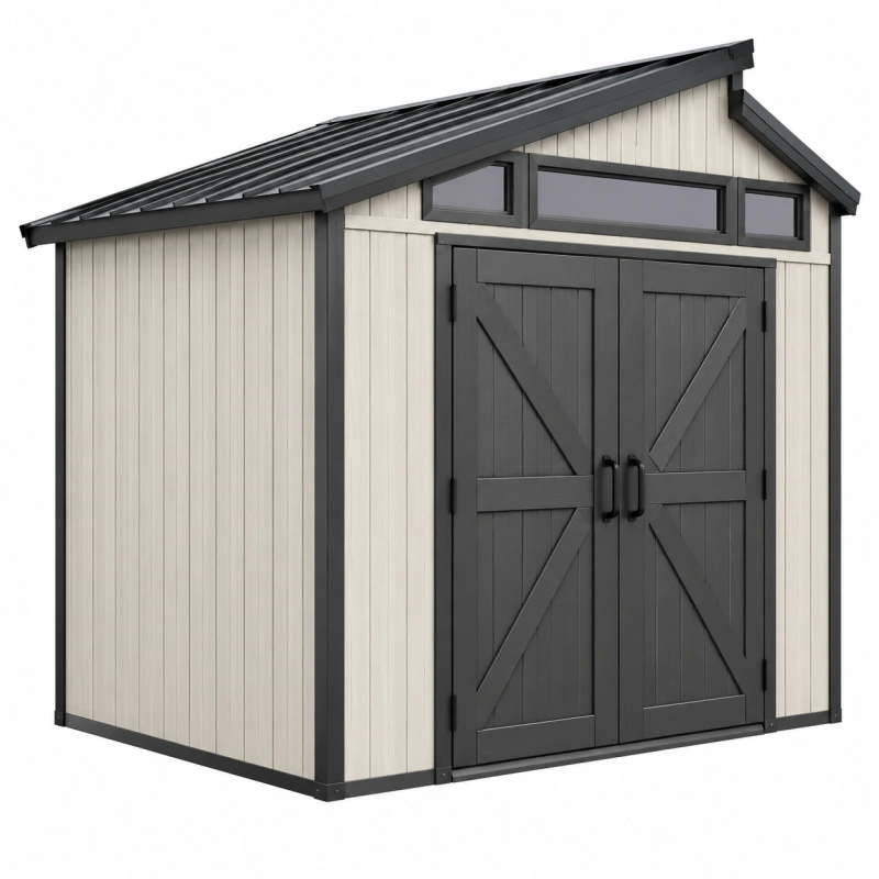 Capanno da giardino 185 x 152 x 226 cm in resina beige e antracite con doppia porta e finestre